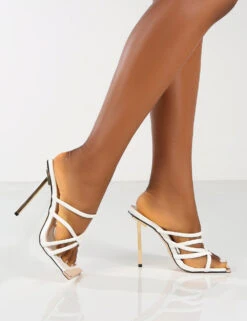 Amber X Public Desire Coincidence White Strappy Square Toe Metallic Stiletto Heels -LoafLuxe Shop 0000 COINCIDENCE WHITE PU