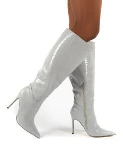 Go Wide Fit Grey Knee High Pointed Toe Stiletto Heeled Boots -LoafLuxe Shop 0000 GOWF GREY PU