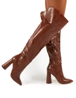 Hometown Wide Fit Tan Croc Over The Knee Heeled Boots -LoafLuxe Shop 0000 HOMETOWN TAN PU 0474c078 fb68 4dec a95b 457d60504c04