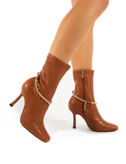 Sacci Camel Wide Fit Chain Detail Square Toe Stiletto Heel Ankle Boots -LoafLuxe Shop 0000 SACCIWF CAMEL PU4