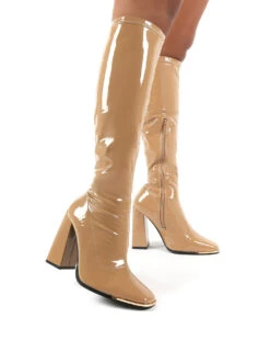 Caryn Camel Vinyl Wide Fit Knee High Heeled Boot -LoafLuxe Shop 0001 CARYNWF CAMEL PU3