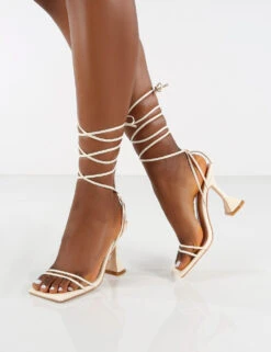 Dymond Off White Lace Up Square Toe Cake Stand Heels -LoafLuxe Shop 0001 DYMOND WHITE PU 3