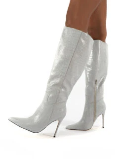 Go Wide Fit Grey Knee High Pointed Toe Stiletto Heeled Boots -LoafLuxe Shop 0001 GOWF GREY PU3