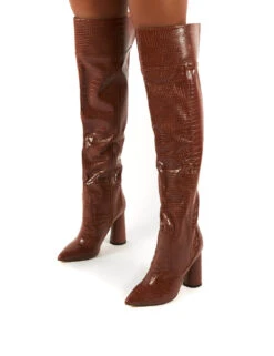 Hometown Wide Fit Tan Croc Over The Knee Heeled Boots -LoafLuxe Shop 0001 HOMETOWN TAN PU3 90e2bde4 6458 49d1 a476 befadf300116