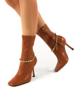 Sacci Camel Wide Fit Chain Detail Square Toe Stiletto Heel Ankle Boots -LoafLuxe Shop 0001 SACCIWF CAMEL PU3