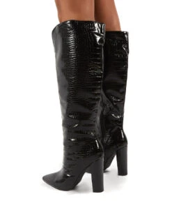 Slow Black Snake Wide Fit Knee High Block Heel Boots -LoafLuxe Shop 0001 SLOW BLK CROCWFPU2