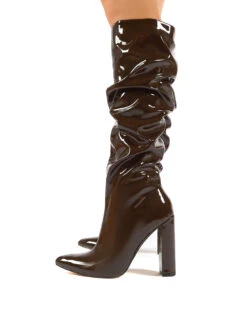 Yours Chocolate Wide Fit Patent Heeled Knee High Block Boots -LoafLuxe Shop 0001 YOURSWF CHOC PU3
