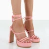 Gimme Gimme Baby Pink Iridescent PU Strappy Lace Up Block Heels
