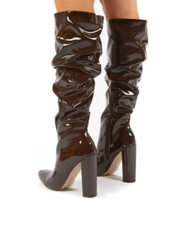 Yours Chocolate Wide Fit Patent Heeled Knee High Block Boots -LoafLuxe Shop 0002 YOURSWF CHOC PU2
