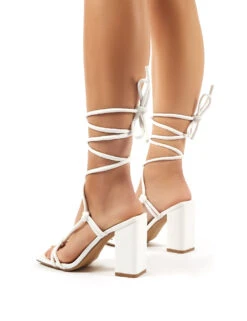 Lois Wide Fit White Strappy Lace Up Block High Heels -LoafLuxe Shop 0002 lois wf white pu 2