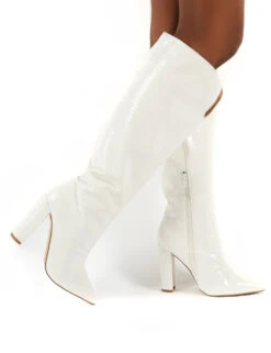 Slow White Snake Wide Fit Knee High Block Heel Boots -LoafLuxe Shop 0003 SLOWWF WHITE PU