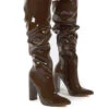 Yours Chocolate Wide Fit Patent Heeled Knee High Block Boots -LoafLuxe Shop 0003 YOURSWF CHOC PU1