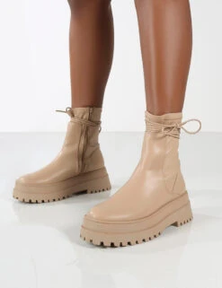 Finale Wide Fit Nude Chunky Sole Ankle Wrap Boots -LoafLuxe Shop 0004 FINALE NUDE PU 3