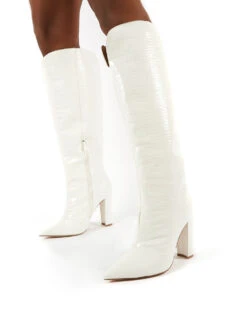 Slow White Snake Wide Fit Knee High Block Heel Boots -LoafLuxe Shop 0004 SLOWWF WHITE PU3