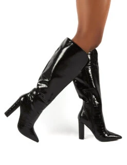 Slow Black Snake Wide Fit Knee High Block Heel Boots -LoafLuxe Shop 0004 SLOW BLKCROCWF PU4