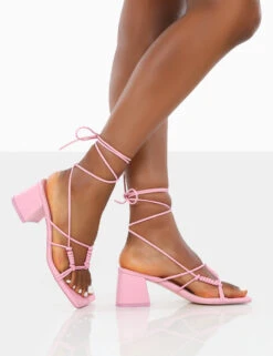 Fanatic Baby Pink PU Square Toe Lace Up Block Mid Heeled Sandals -LoafLuxe Shop 00052 f6ffc653 ad0e 47a0 8b7d b78f274e0185