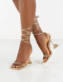 Dymond Gold Metallic Lace Up Square Toe Cake Stand Heels -LoafLuxe Shop 0005 DYMOND GOLD PU 3