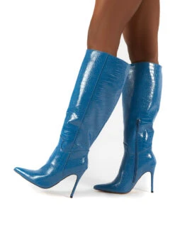Go Wide Fit Blue Knee High Pointed Toe Stiletto Heeled Boots -LoafLuxe Shop 0005 GOWF BLUE PU3