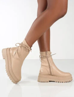 Finale Wide Fit Nude Chunky Sole Ankle Wrap Boots -LoafLuxe Shop 0007 FINALE NUDE PU