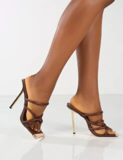 Amber X Public Desire Coincidence Choc Strappy Square Toe Metallic Stiletto Heels -LoafLuxe Shop 0008 COINCIDENCE CHOC PU