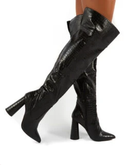 Hometown Wide Fit Black Croc Over The Knee Heeled Boots -LoafLuxe Shop 0008 HOMETOWN BLK PU c7635997 2d4d 4784 80a4 77daed238cc0