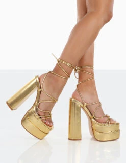 Glow Girl Wide Fit Gold PU Lace Up Platform High Heels -LoafLuxe Shop 0012 fb163625 bb70 4fb8 9308 7b13374ec3a4
