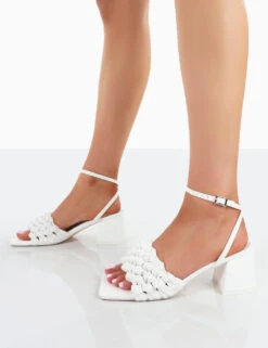Got This White Pu Woven Square Toe Block Mid Heeled Mule Sandals -LoafLuxe Shop 00136