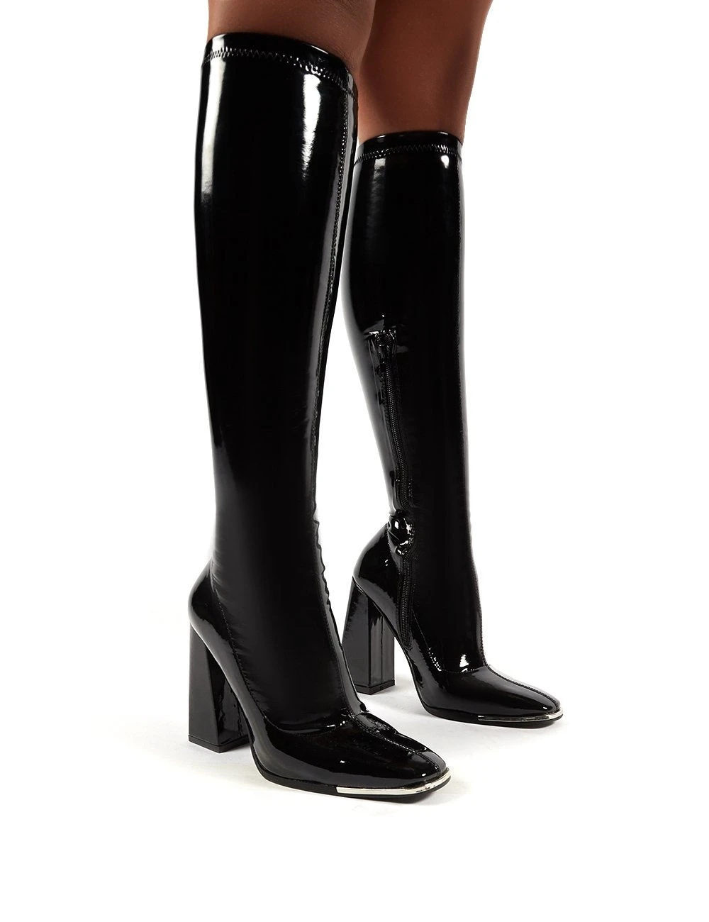 Caryn Black Vinyl Wide Fit Block Heeled Knee High Boots 3 Caryn Black Vinyl Wide Fit Block Heeled Knee High Boots