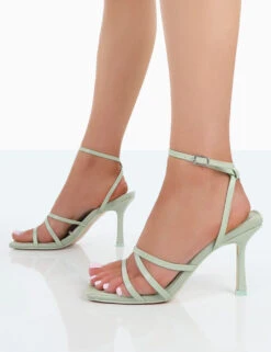 Mademoiselle Mint Raffia Square Toe Mid Heels -LoafLuxe Shop 00242