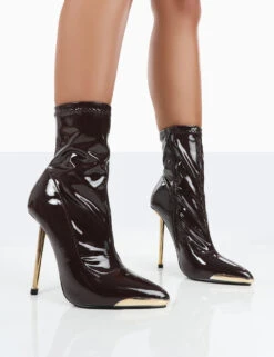 Player Choc Patent Stiletto Heel Ankle Boots