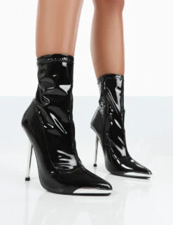 Player Black Patent Stiletto Heel Ankle Boots