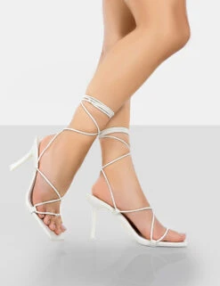 Euphoria White Croc Square Toe Lace Up Mid Heels -LoafLuxe Shop 00521