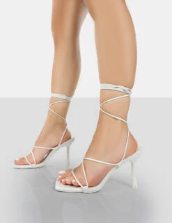 Euphoria White Croc Square Toe Lace Up Mid Heels -LoafLuxe Shop 00551