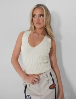 Public Desire V Front Knitted Top Beige -LoafLuxe Shop 05.07rebekah1554