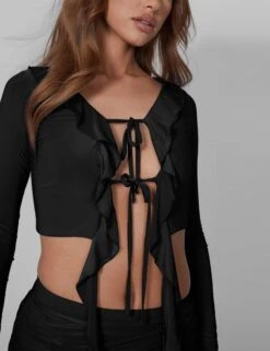 Frill Detail Tie Front Cardigan Top Black -LoafLuxe Shop 08.06annabel0050copy