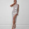 One Shoulder Ruched Metallic Midi Dress With Split Champagne -LoafLuxe Shop 08.06annabel0124