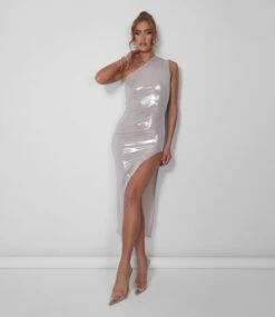 One Shoulder Ruched Metallic Midi Dress With Split Champagne