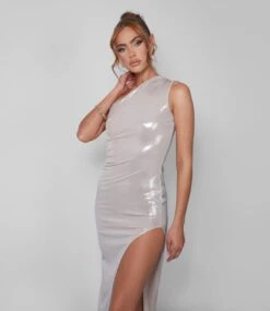 One Shoulder Ruched Metallic Midi Dress With Split Champagne 10 One Shoulder Ruched Metallic Midi Dress With Split Champagne -LoafLuxe Shop 08.06annabel0147