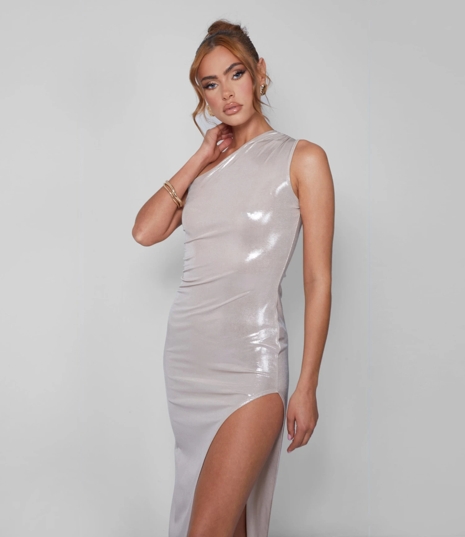One Shoulder Ruched Metallic Midi Dress With Split Champagne 6 One Shoulder Ruched Metallic Midi Dress With Split Champagne - Image 4