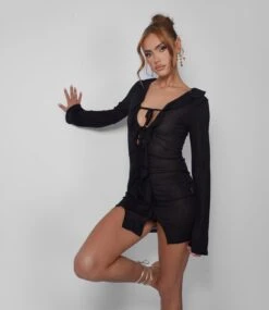 Mesh Frill Detail Tie Front Dress Black -LoafLuxe Shop 08.06annabel0396 ffc08a83 608c 4115 9679 81225aac7271