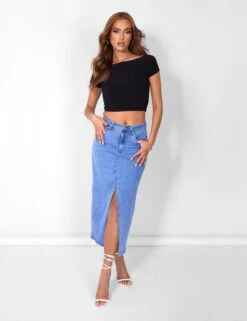 Public Desire Split Front Longline Denim Skirt Blue Wash