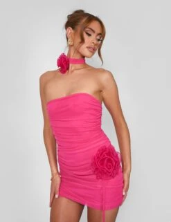 Rose Detail Bandeau Mesh Mini Dress Hot Pink -LoafLuxe Shop 08.06annabel07461