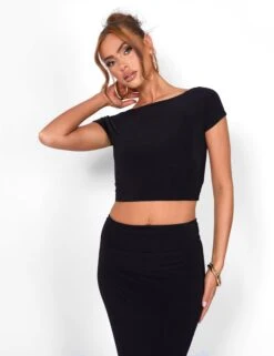 Public Desire Kaiia Off Shoulder Slinky Cropped Top Co-ord In Black -LoafLuxe Shop 08.06annabel0865