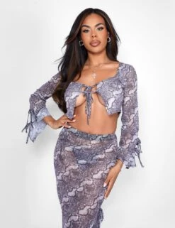Public Desire Kaiia Tie Front Sheer Mesh Top Co-ord In Snake Print