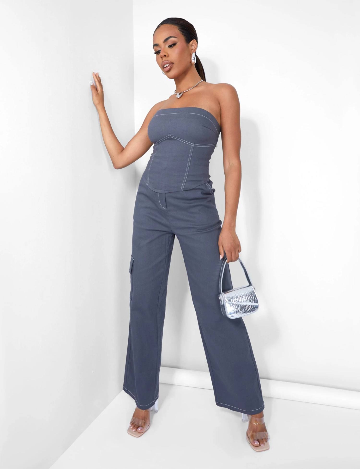 Denim Contrast Stitch Bandeau Top Grey 7 Denim Contrast Stitch Bandeau Top Grey - Image 5