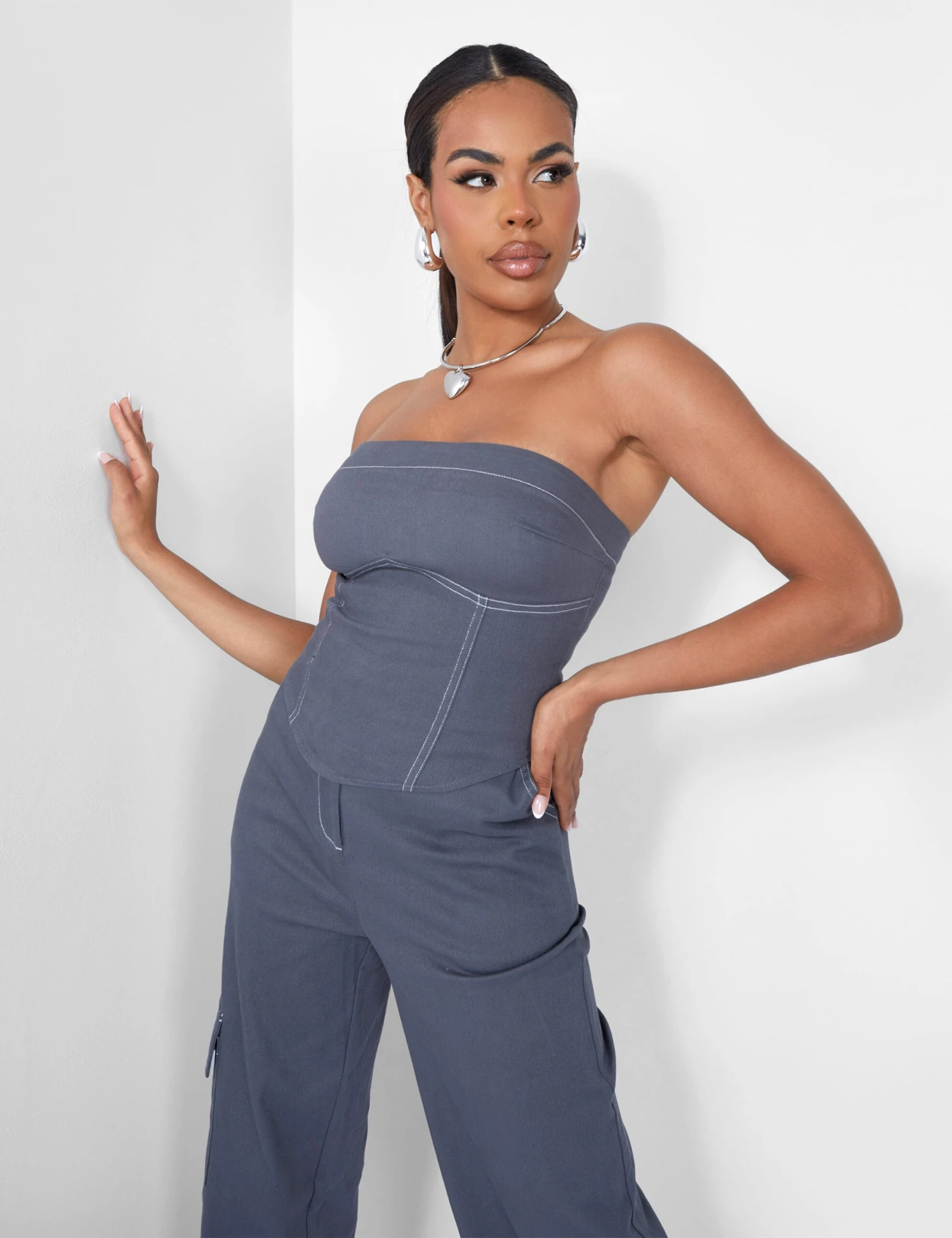 Denim Contrast Stitch Bandeau Top Grey 3 Denim Contrast Stitch Bandeau Top Grey