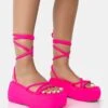 Full Moon Hot Pink Nylon Lace Up Chunky Platform Sandals -LoafLuxe Shop 111771A3432copy