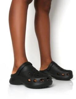 Frenzy Black Rubberised Sling Back Closed Toe Clog Sandals