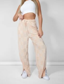 Wide Leg Split Hem Checkerboard Towelling Joggers Sand -LoafLuxe Shop 12.041928