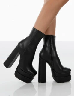 Supine Black Pu Chunky Platform High Heeled Block Ankle Boots -LoafLuxe Shop 13.1000014